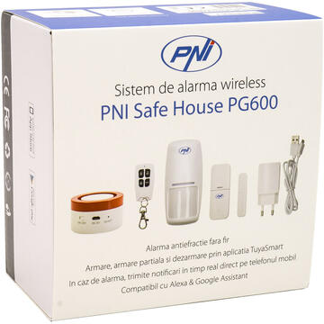 Sistem de alarma wireless PNI Safe House PG600, sistem inteligent de securitate pentru casa, conectare wireless, alarma antiefractie, alarma fara fir, alerta inteligenta prin aplicatia TUYA iOS / Android, compatibil cu Alexa si Google Assistant