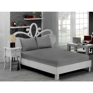 Set 3 Piese Yuny Mally Home, 100% Bumbac, Cearceaf Pat Dublu Cu Elastic 160X200 Cm Si Doua Fete De Perna 50X70Cm, Gri