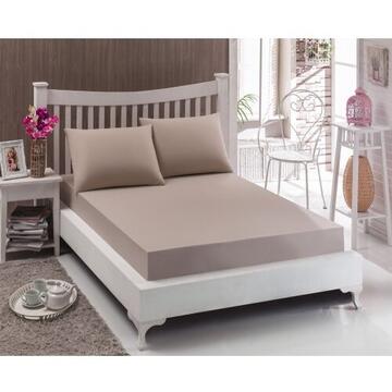 Set 3 Piese Yuny Mally Home, 100% Bumbac, Cearceaf Pat Dublu Cu Elastic 160X200 Cm Si Doua Fete De Perna 50X70Cm, Bej