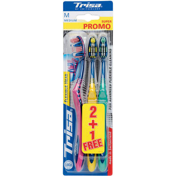 Periute de dinti clasice Periuta de dinti Trisa Flexible Head 3 Trio Medium, 2+1 GRATIS, Cod 617458