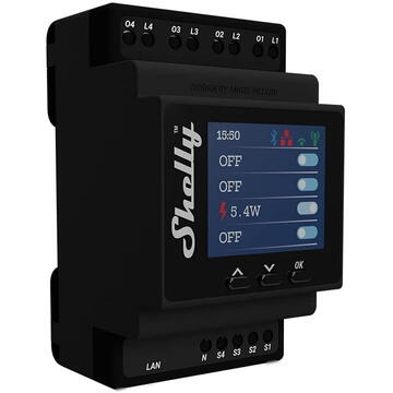 Releu inteligent Shelly Relay 4Pro PM, 4 canale 110–240 V Wi‑Fi Negru
