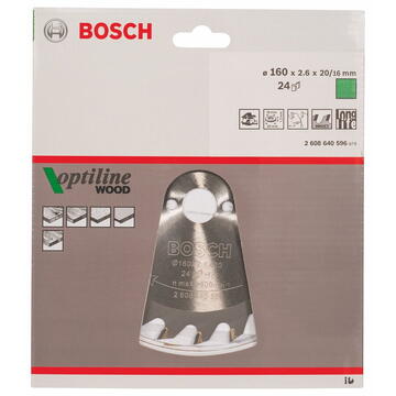 Bosch Panza fierastrau circular pentru lemn, Optiline Wood, 160x2.6/1.6x20/16 mm, 24 dinti