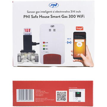 Kit senzor gaz inteligent si electrovalva PNI Safe House Smart Gas 300 WiFi cu alertare sonora, aplicatie de mobil Tuya Smart,  integrare in scenarii si automatizari smart cu alte produse compatibile Tuya
