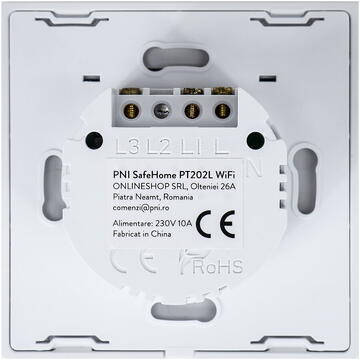 Intrerupator inteligent cu touch PNI SafeHome PT202L WiFi, 10A, control prin aplicatia Tuya Smart, compatibil cu Alexa si Google Assistant - Live Wire, fara nul