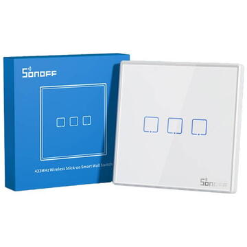 Intrerupator inteligent Sonoff T2EU3C-RF, Wireless, 433 MHz, 50 m, Alb