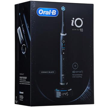 Periute de dinti clasice Braun Oral-B iO10 cu incarcator iOSense, 7 moduri, 1 capat, Suport rezerve, Trusa de calatorie cu incarcator, Negru