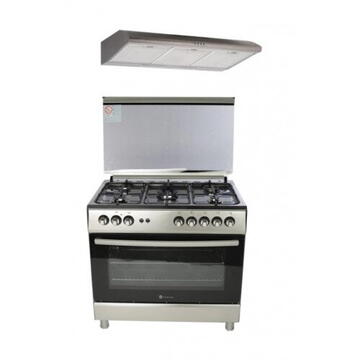 Pachet Studio Casa aragaz pe gaz 5 ochiuri FE90/60, 90 cm si hota ST2196X 90 cm, gratare fonta, Inox