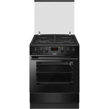 Hansa FCMS682090, 60x60 cm, 4 arzatoare, plita gaz, cuptor electric, 65 l, display, clasa A, 8 functii, ventilator, gril, negru