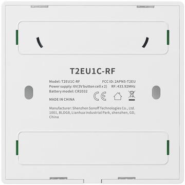 Intrerupator inteligent Sonoff T2EU2C-RF, 433 MHz, 6 V, Alb