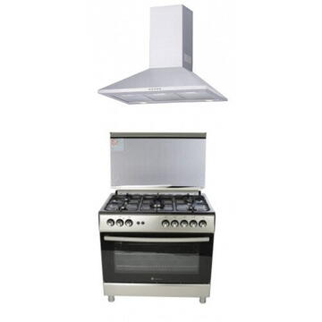 Pachet Aragaz clasic 5 arzatoare gaz, Cuptor gaz, 90x60cm, Studio Casa, FE9060 Inox, Grill, Rotisor, Aprindere electrica+Hota Decorativa 90 Cm, Kaminox90, 1 Motor Turbo , Studio Casa