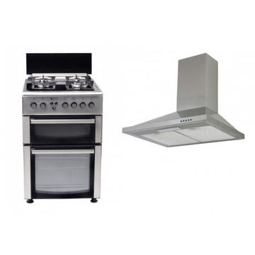 Pachet Aragaz mixt 4 arzatoare gaz, 2 cuptoare: Cuptor electric + Cuptor gaz, 60x60cm, Studio Casa Duetto FM60/60 cm., Ventilator, Aprindere electrica +Hota decorativa Studio Casa New Milano Inox