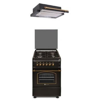 Pachet rustic aragaz si hota telescopica Studio Casa Retro Verona Retro Black , 50/ 55 cm., 4 arzatoare gaz, Cuptor gaz, Aprindere electrica, Gril electric, Negru