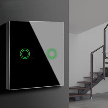 Intrerupator inteligent MACLEAN MCE711B Comutator tactil dublu, scara, sticla cruce, negru cu iluminare rotunda. buton,