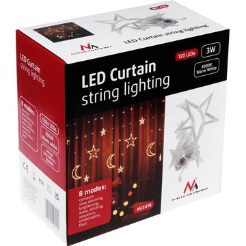 Perdea luminoasă Maclean LED 3m, lungime 5,2m, 120 LED-uri, 8 moduri de iluminare, 220-240V AC 50/60Hz, temperatură culoare 3000K, MCE418