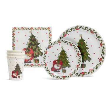Family Pound Set de masă, cu motive de Crăciun - 12 farfurii, 6 pahare, 20 șervețele