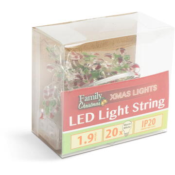 Șir de lumini LED - formă de acadele baston  - 2,2 metri - 20 LEDuri - alb cald - 2 x AA
