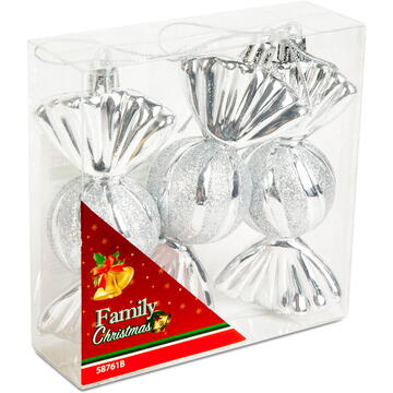 Set decorațiuni brad - Bomboane de Crăciun -  argintii - 11 x 4 cm