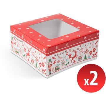 Cutie de cadouri din hârtie, cu motive de Crăciun - capac transparent - 2 buc / pachet