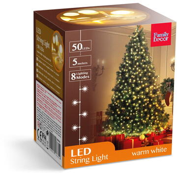 Șir luminos - 50 LEDuri - alb cald - alimentat de la rețea - 5 m - 8 programe