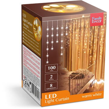 Perdea luminoasă - 100 LEDuri - alb cald - IP44 - 2,2 m - 8 programe