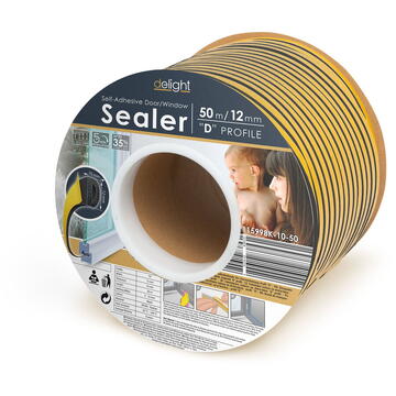 Delight - Profil de etanşare autoadeziv pt. ferestre, profil „D” - 50 m, Negru, 10 mm