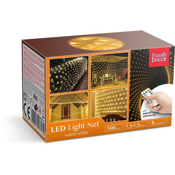 Plasă luminoasă LED - 100 LEDuri alb-cald - 1.5 x 1.5 m - 230V - cu telecomandă