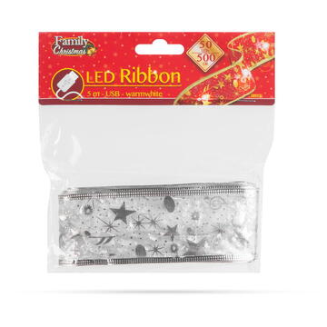 Familly Christmas Panglică LED de Crăciun - argintie - 5 m x 5 cm - 2 x AA