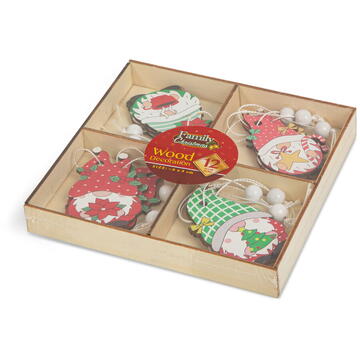 Familly Christmas Set decoratiuni brad - pentru agatat, spiridusi din lemn - 4 tipuri - 12 buc/pachet