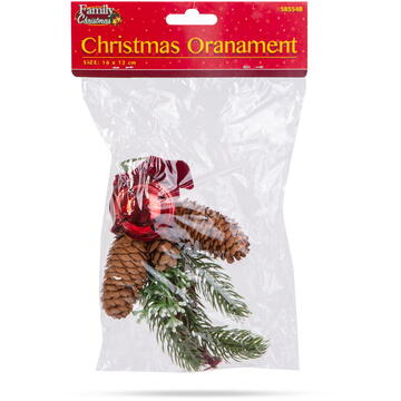 Familly Christmas Decor pentru usi de Craciun - pin artificial, cu con, clopot roșu - 16 x 15 cm