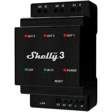 Releu WiFi Shelly Pro 3, Contor de Energie, Din Rail, 3 canale, 48A, Negru