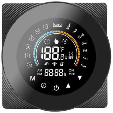 Termostat inteligent WiFi SmartWise, compatibil cu aplicația COLOR eWeLink, tip „A” (5A), panou frontal negru, ecran tactil color