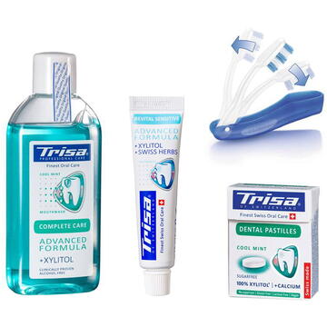 Periute de dinti clasice Pachet Trisa Travel format din pasta de dinti Trisa Revital Sensitive Mini 15 ml plus periuta dinti Trisa travel plus pastilele dentare TRISA  plus apa de gura Trisa Complete Care 100 ml + Xylitol