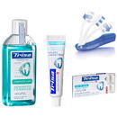Periute de dinti clasice Pachet Trisa Travel format din pasta de dinti Trisa Revital Sensitive Mini 15 ml plus periuta dinti Trisa travel plus pastilele dentare TRISA  plus apa de gura Trisa Complete Care 100 ml + Xylitol