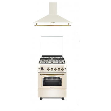 Studio Casa Pachet Aragaz Rustic  Sienna Fe60/60G + Hota Onda Beige, Rotisor, Cuptor Pe Gaz, 4 Arzatoare Gaz, Grill Gaz, Ventilator, Gratare Fonta, 60 Cm, Culoare Crem