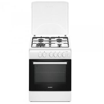Samus SM664APGS, 4 Arzatoare gaz, 1 Wok, Cuptor gaz, Aprindere electrica plita si cuptor, Timer, Grill, Alb