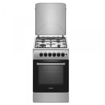 Samus SM561XPBS, 4 Arzatoare gaz, Cuptor gaz, Aprindere electrica plita, Timer, Sigurante plita si cuptor, Inox/ Argintiu