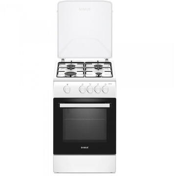 Samus SM561ANS, 4 Arzatoare gaz, Cuptor pe gaz, Siguranta plita si cuptor, Geam dublu la cuptor, Alb
