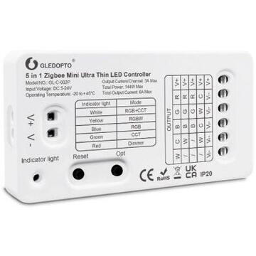 Gledopto GL-C-002P (6A), controler LED mini ultra subtire Zigbee Pro 5-in-1 (Zigbee+RF) 5V-24V DC, 6A