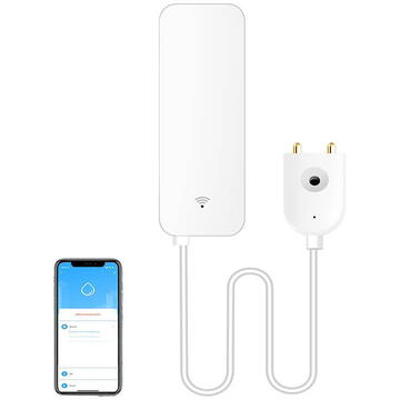 Senzor inteligent inundatie/scurgeri Gosund S5, Wi-Fi 2.4GHz, 6000 declansari, 3 x AAA, Aplicatie mobila, Asistent vocal, alb