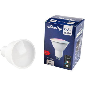 Shelly Duo RGBW, Wi-Fi, GU10, 5W, 400 lm, lumina colorata, control aplicatie, compatibil Amazon Alexa si Google Assistant
