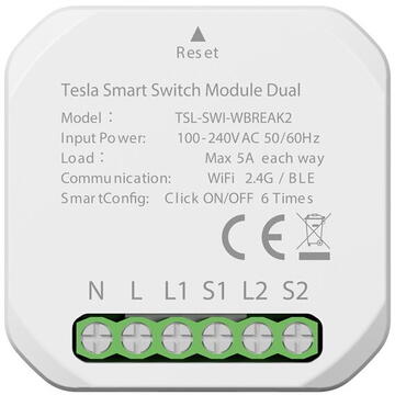 Intrerupator inteligent TESLA TSL-SWI-WBREAK2, Wireless, 1200 W, 240 VAC, 5 A, Alb