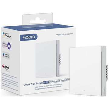 Intrerupator inteligent Aqara Smart Wall Switch H1 (No Neutral- fara Nul, Single rocker), Zigbee 3.0, Wi-Fi, monitorizare energie, Alb