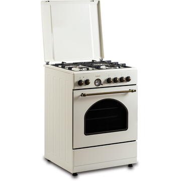 Samus Aragaz Rustic 4 arzatoare gaz ( 1 wok), cuptor electric, 6 functii, 56 l, aprindere electrica, grill, ventilator, timer, Crem