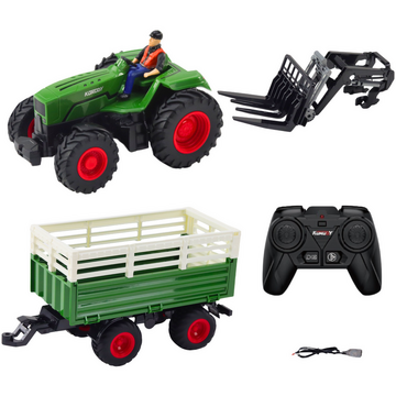 Lean Toys Tractor agricol cu ​​remorcă și furci, controlat de la distanță, RC 2.4G