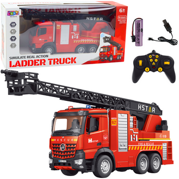 Lean Toys Scară extensibilă pentru camion de pompieri cu telecomandă, pulverizare cu apă 2.4G 11CH