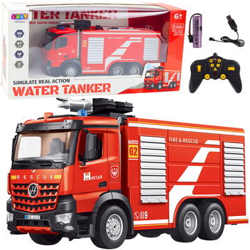 Lean Toys Scară extensibilă cu telecomandă pentru camion de pompieri, pulverizare cu apă 2.4G 9CH