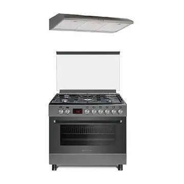 90 cm Nando Graphite Grey Studio Casa, 5 zone de gatit, Gaz, Wok, Cuptor gaz,  Clasa energetica A, Gri + Hota ST2196 Inox