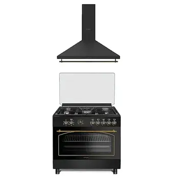 Studio Casa Ravena Antracit  Aragaz rustic 5 arzatoare gaz, Negru, 90 cm, Gratare fonta + Tosca Turbo 90 cm