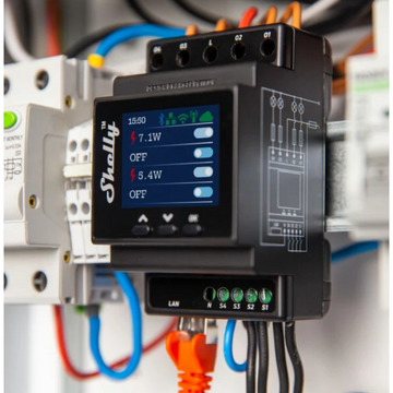 Releu inteligent Shelly Relay 4Pro PM, 4 canale 110–240 V Wi‑Fi Negru