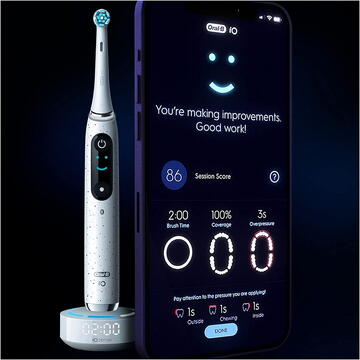Periute de dinti clasice Braun Oral-B iO Series 10 Stardust, Bluetooth, Curatare 3D, Inteligenta artificiala, 7 moduri, Alb